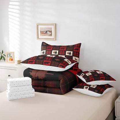 Erosebridal 7 Pcs Cabin Deer Comforter Set Twin Size,Hunting Deer Bed in a Bag with Flat Fitted Sheet for Kids and Adults,Camping Woodland Plaid Bedding Set with Pillowcases and Cushion Cases