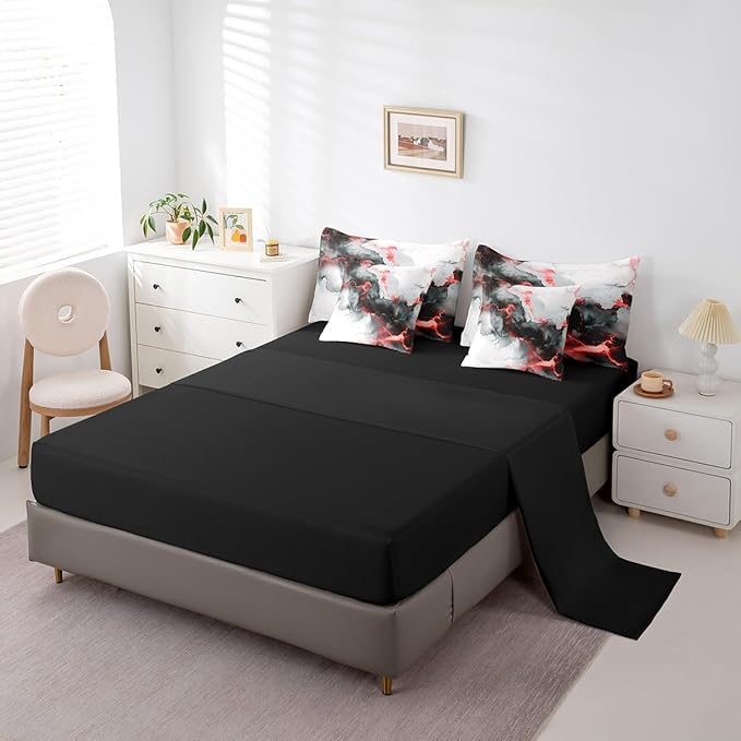 Black and Red Full Comforter Set 7-Piece Abstract Marbling Bedding Comforter Sets, Aesthetic Marble Bed in a Bag Foil Print Bedding Set, Watercolor Painting Bed Sheets Set Kids Bedroom Decor