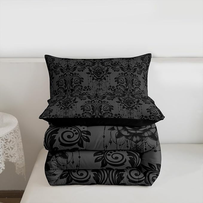 Feelyou Adults Gothic Comforter Set All Season Dark Olive Green Damask Bedding Set with 1 Pillow Cases Vintage Rose Microfiber Kids Toddler Bedroom Decor Duvet Quilt Breathable Soft Lightweight