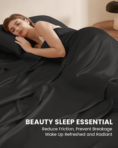 THXSILK Silk Sheet Set 4 Pcs, Full Size Sheet Set, Soft Breathable Cooling Bed Sheets with 1 Flat Sheet, 1 Fitted Sheet, 2 Pillowcases with Zipper Closure, Black