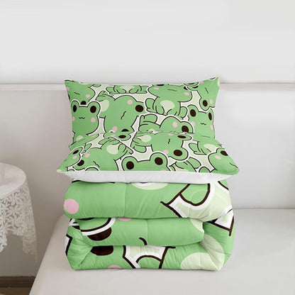 Cute Frog Comforter Set King Size, Kawaii Frog Bedding Set For Kids Boys Girls Teens, Green Wild Animals Farmhouse Down Comforter, Wildlife Rustic Funny 3Pcs Quilted Duvet All Season Bedroom Decor