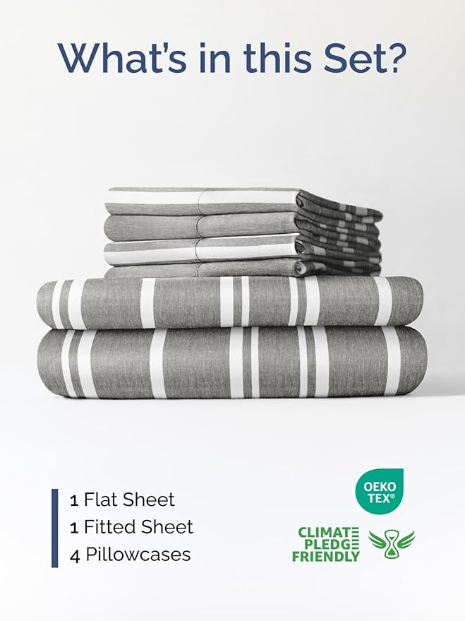 Extra Deep Full Sheet Set - 6 Piece Breathable and Cooling Sheets - Hotel Luxury Bedding for Women, Men, Kids & Teens - Easy & Secure Fit - Soft and Wrinkle Free - Extra Deep Pockets - Grey Stripes