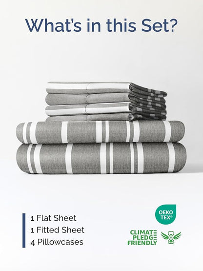 Extra Deep Full Sheet Set - 6 Piece Breathable and Cooling Sheets - Hotel Luxury Bedding for Women, Men, Kids & Teens - Easy & Secure Fit - Soft and Wrinkle Free - Extra Deep Pockets - Grey Stripes