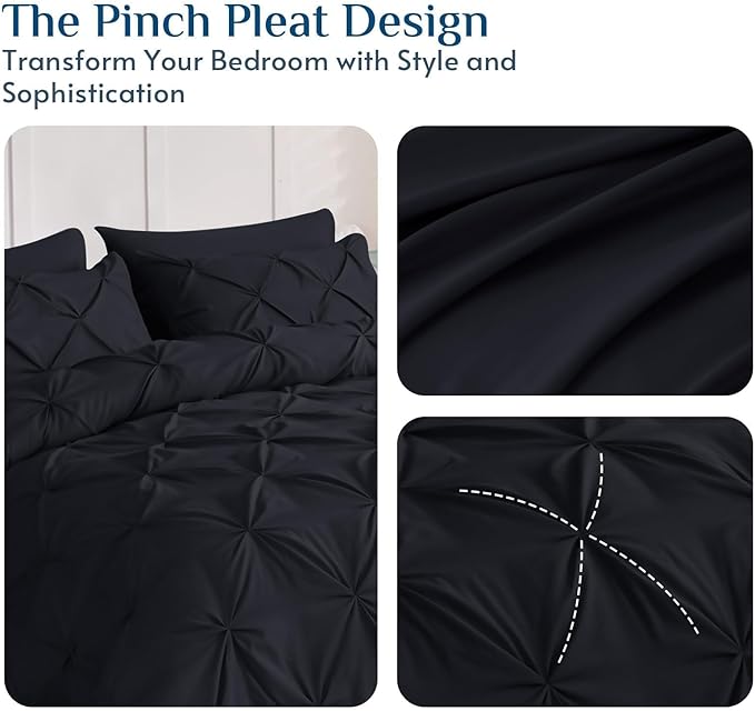 JOLLYVOGUE Queen Comforter Set 7 Pieces - Bed in a Bag Queen for All Season, Pintuck Bedding Comforter Sets with Comforter, Flat Sheet, Fitted Sheet and Pillowcases & Shams, Black