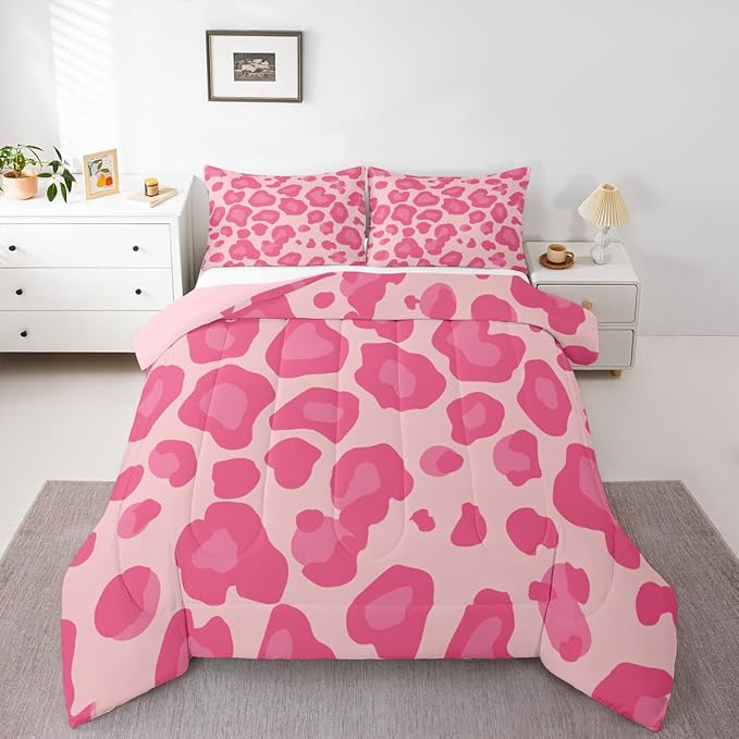 Erosebridal Pink Leopard Twin Comforter Set for Kids Boys Girls,African Cheetah Print Bedding Set,Farmhouse Rustic Duvet Insert,Wild Animal Skin Bed Set for All Season