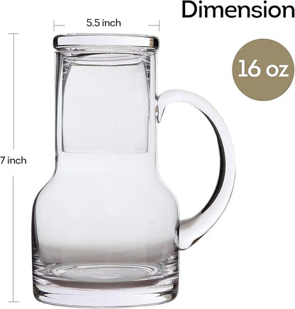 Lily's Home 16 oz Glass Water Carafe for Bedroom or Kitchen - Carafe with Cup Lid & Handle, Perfect for Bedside or Desktop Use, Modern Design
