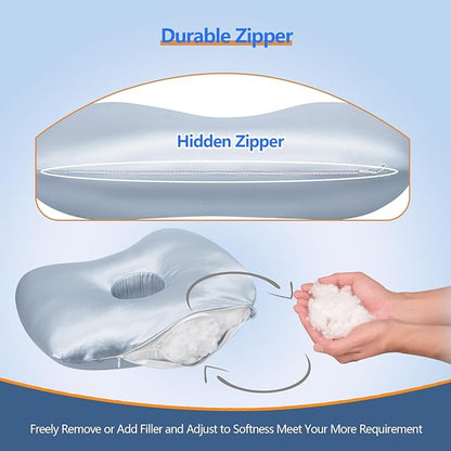 Ear Piercing Pillow for Side Sleepers, Pillow with an Ear Hole for CNH and Ear Pain Ear Inflammation Pressure Sores (Light Blue Silk, 17.3"x12.6"x2")