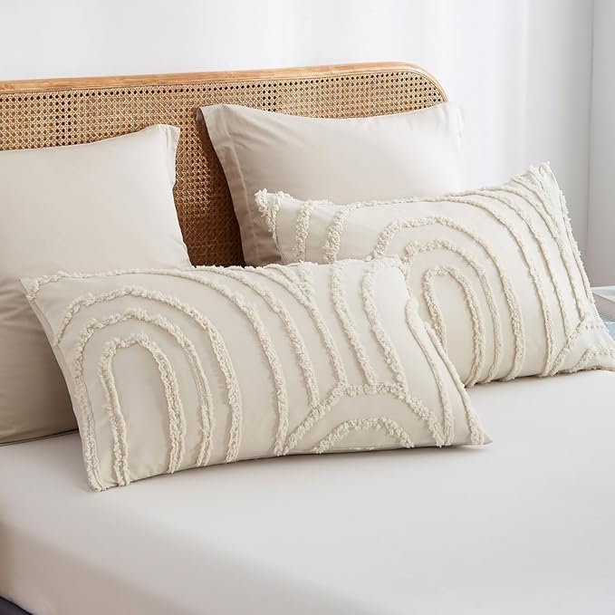 Boho Tufted Comforter Queen Size Beige Geometric Tufted Comforter Set Bohemian Arch Tufted Bed Set 3 Pieces Shabby Chic Embroidery Soft Jacquard Bedding for All Seasons with 2 Pillowshams
