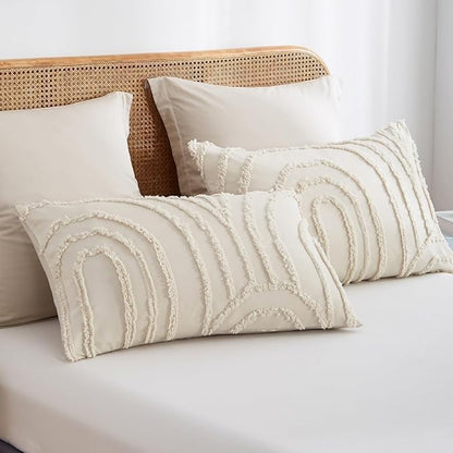 Boho Tufted Comforter Queen Size Beige Geometric Tufted Comforter Set Bohemian Arch Tufted Bed Set 3 Pieces Shabby Chic Embroidery Soft Jacquard Bedding for All Seasons with 2 Pillowshams