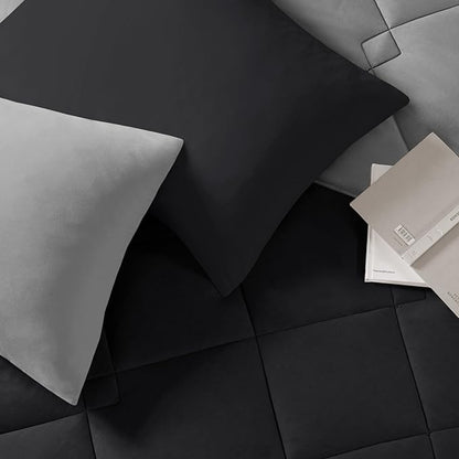 Comfort Spaces Vixie Reversible Comforter Set - Trendy Casual Geometric Quilted Cover, All Season Down Alternative Cozy Bedding, Matching Sham, Black/Gray, King 3 piece