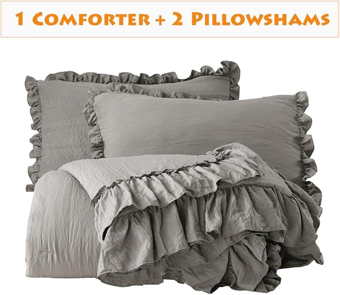Masaca Grey Shabby Comforter Set Queen,Farmhouse Rustic Microfiber Bedding Ruffled Comforter Set,Vintage Gray Ruffle Comforter for Queen Bed Fluffy Aesthetic Bedding 3 Pieces