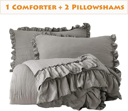 Masaca Grey Shabby Comforter Set Queen,Farmhouse Rustic Microfiber Bedding Ruffled Comforter Set,Vintage Gray Ruffle Comforter for Queen Bed Fluffy Aesthetic Bedding 3 Pieces
