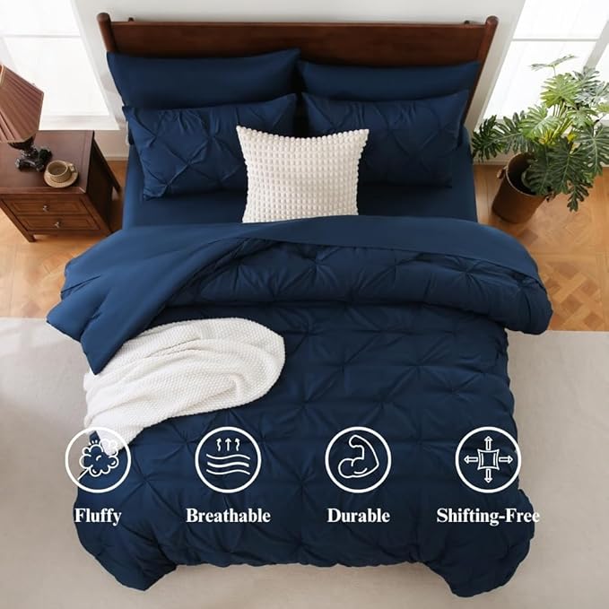 Sheet&Joy Queen Comforter Set, 7-Piece Bed in a Bag, Pintuck Bedding Sets for All Season, Includes Comforter, Flat Sheet, Fitted Sheet, Pillowcases and Pillowshams, Navy Blue