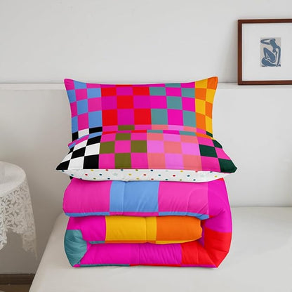 Feelyou Multicolored Checkered Retro Bedding Set Kids Boys Girls Geometric Vintage Comforter Set Toddler Size Black Red Purple Duvet Insert Modern Simple Groovy Aesthetic Room Decor