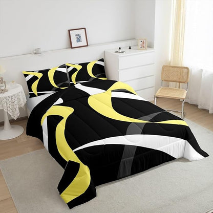 Erosebridal Gray Black Gold Bedding Comforter Sets Grey White Striped Abstract Bedding Set King for Kids Adults Geometric Stripes Down Comforter Modern Fashion Quilt Duvet 3 Pcs
