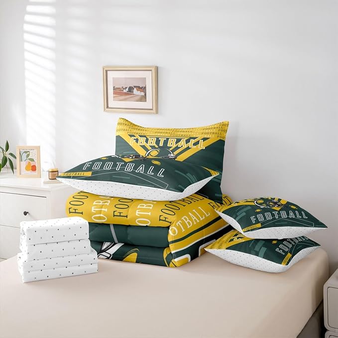 Feelyou Football 7 Pieces Comforter Sets Twin Size Bedding Set for All Season Rugby Sports Football City Bed in a Bag with Comforter, Sheets, Pillowcases & Cushion Cover