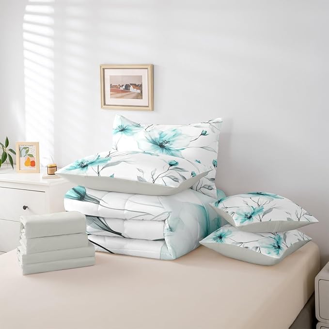 Erosebridal Teal Flower Full 7 Pcs Bedding Set for Women, Bohemian Floral Comforter Set with Sheets, Watercolor Flower Artistic Bed Sets for Girls, Ink Painting Style Blossom & Leaf Bed in A Bag