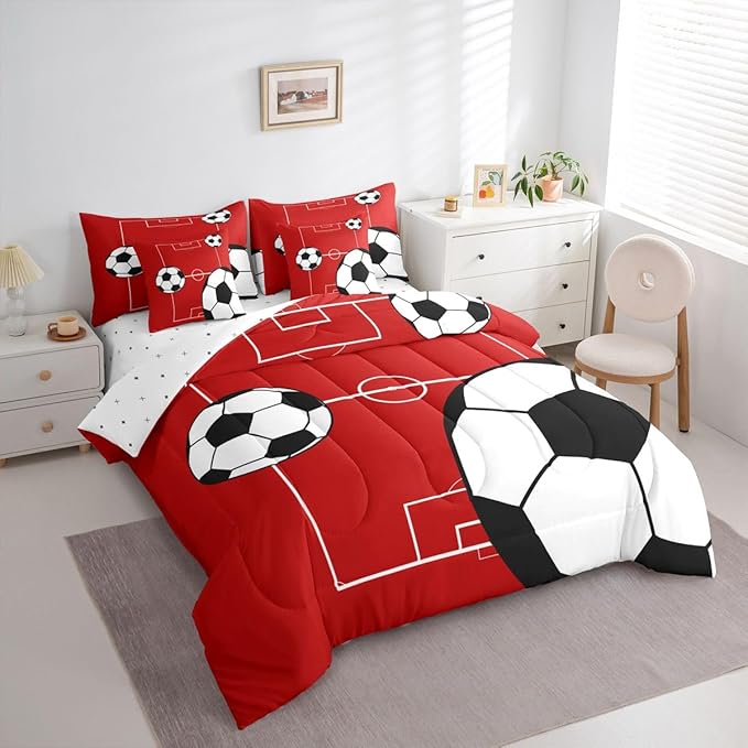 Erosebridal Sports Theme 7 Piece Bedding Set Full Football Comforter Set with Sheets Football Court Soccer Ball Pattern Bed in a Bag Boys Playground Red White for Kids Boys Girls
