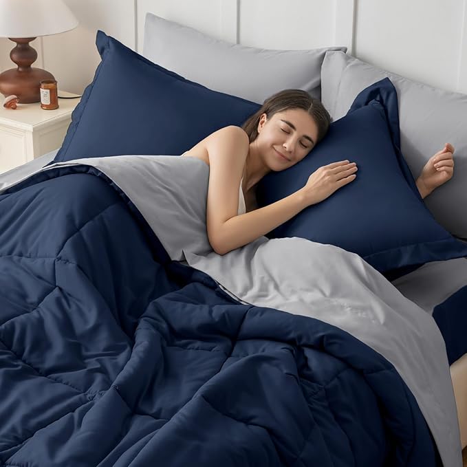 JOLLYVOGUE King Comforter Set, Ultra-Soft Bed in a Bag King Size 7 Pieces, Oeko-TEX Certified Bedding Set with Down Alternative Comforter, Sheets, Pillowcases & Shams, Navy Blue & Light Grey