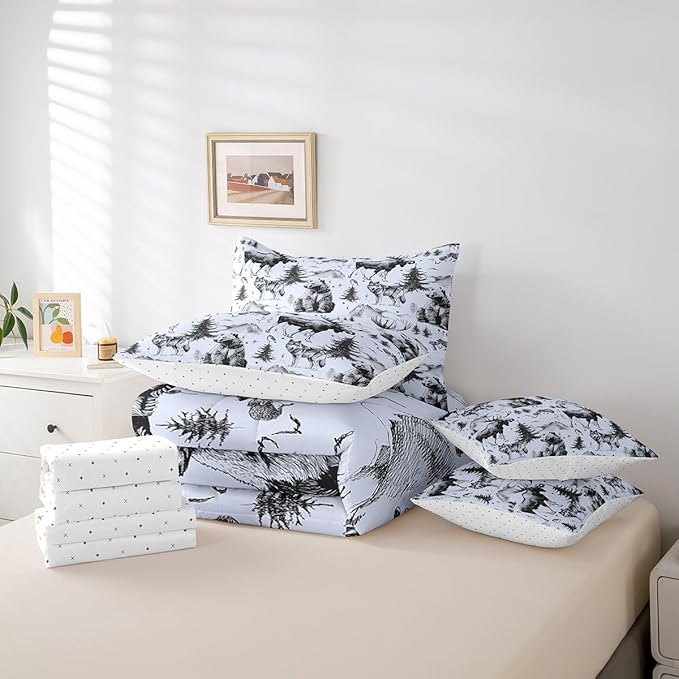 Erosebridal 7 Pcs Comforter Set Full Size,Rustic Animal Bed in a Bag with Flat Sheet and Fitted Sheet for Kids and Adults,Farmhouse Cabin Lodge Bedding Set with Pillowcases and Cushion Cases