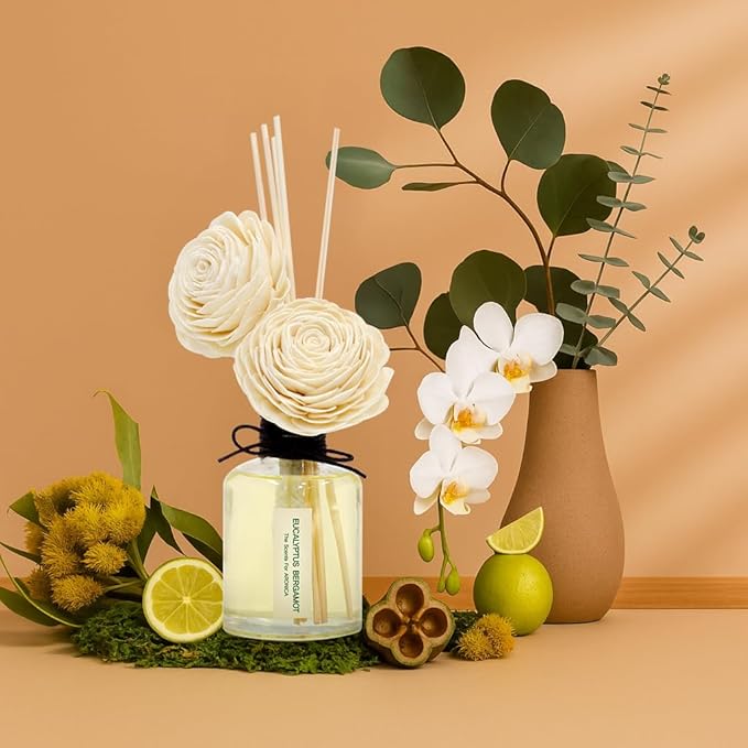 Aronica Twin Sola Diffuser 160ml_Eucalyptus and Bergamot Essential Oil Flower Diffuser, Non Toxic Reed Diffusers, Beach Themed Home Room Decor, Natural Gift for Men, Beach Scent