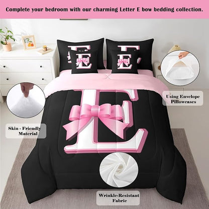 jejeloiu Kids Girls Black Pink Bow Comforter Set with Sheets Full Size Monogrammed 7 Piece Bedding Set Personalized Initial E Bed in a Bag with Comforter,Sheets,Pillowcases Modern Fashion Bed Set