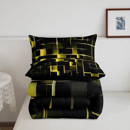 Erosebridal Yellow Black Full Comforter Set Geometric Light Honeycomb Bedding Set for Kids Teens Adult, Decor Down Comforter Modern Style Quilt, Microfiber Lightweight All Season