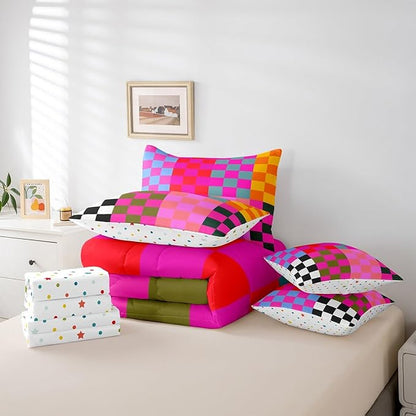 Feelyou Multicolored Checkered Retro 7 Piece Bedding Set Kids Boys Girls Geometric Vintage Comforter Set with Sheets Twin Size Black Red Purple Bed in a Bag Modern Simple Groovy Aesthetic Room Decor