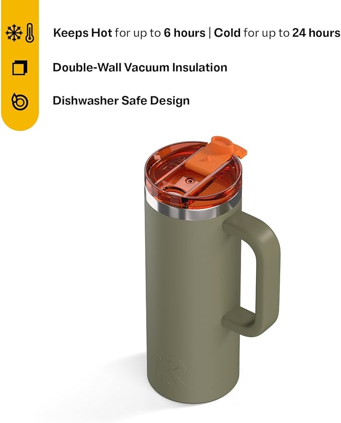 RTIC 20oz Road Trip Travel Mug with Lid and Handle, Ceramic Lined, Insulated, Stainless Steel, Metal, Double Wall Vacuum-Insulation, Portable Coffee, Tea Cup for Hot and Cold Drink, Trailblazer