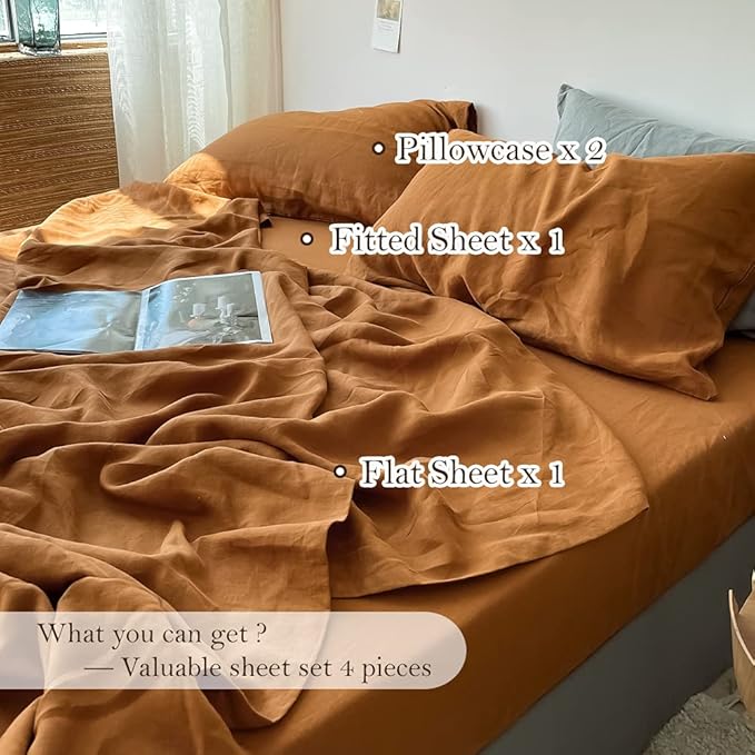 Simple&Opulence Washed Linen Bed Sheet Set Basic Style 4 Pieces (1 Flat Sheet & 1 Fitted Sheet & 2 Pillowcases) 100% Natural French Flax Soft Breathable Farmhouse Bedding (Queen, Rust)