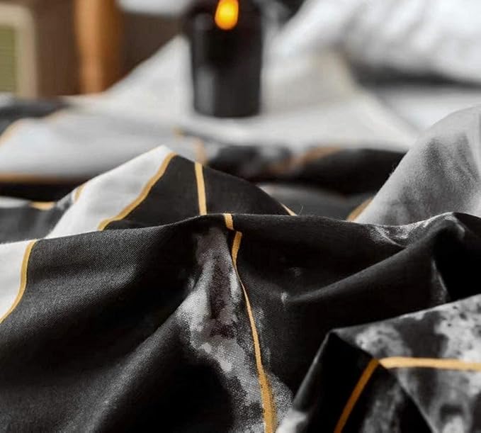 Houseri Black Comforter Set Full Black and White Geometric Marble Full Size Bedding Sets Boys Soft Breathable Black Plaid Bedding Modern Chic Triangle Gold Diamond Grid Comforters Bed Quilt Full