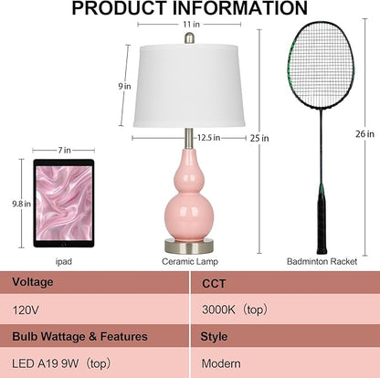 Pink Ceramic Lamps Set of 2, 25" Modern Double Gourd Ceramic Table Lamps for Living Room, Cute Bedside Nightstand Lamps with Fabric Shade for Bedroom End Table Home Office Girls Room(2 Bulbs Included)