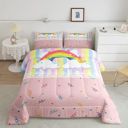 Cute Rainbow Full Size Comforter Set,Colorful Dots Stripes Kawaii Sketch Reversible Bedding Comforters Bedroom Decor,Cartoon Style White Lace Print Breathable Polyester Bedding Set