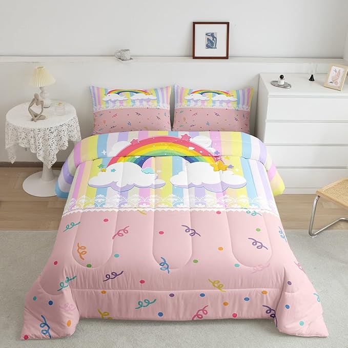 Cute Rainbow Kids Comforter Set King Size,Colorful Dots Stripes Kawaii Sketch Reversible Bedding Set All Season Quilt Set,Cartoon Style White Lace Print Soft Warm Polyester Down Comforter