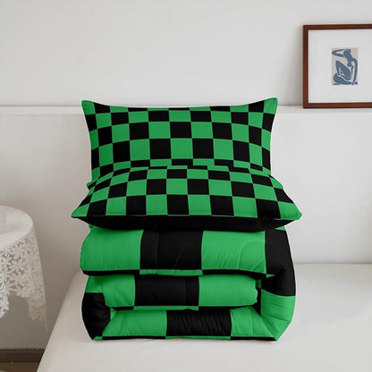 Feelyou Checkered Bedding Set Teen Women Men Green Black Plaid Comforter Set Toddler Size Kids Boys Girls Cute Retro Neutral Checkerboard Geometric Duvet Insert Vintage Aesthetic Room Decor