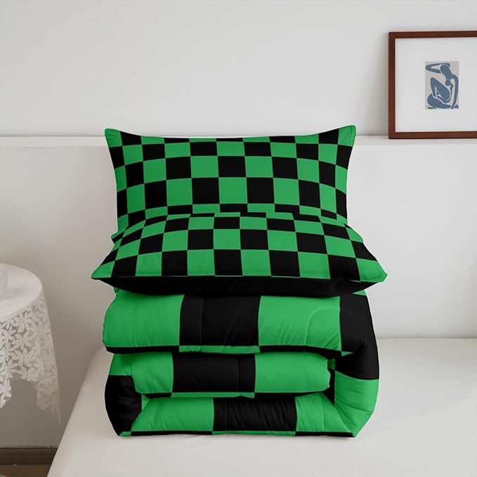 Feelyou Checkered Bedding Set Teen Women Men Green Black Plaid Comforter Set Queen Size Kids Boys Girls Cute Retro Neutral Checkerboard Geometric Duvet Insert Vintage Aesthetic Room Decor