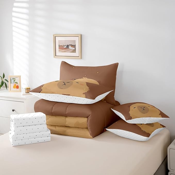 Erosebridal Cartoon Capybara 7 Piece Bedding Set Full Size,Zoo Animal Bed in a Bag,Farmhouse Rustic Bed Set Includes Comforter, Sheet Set, Pillowcases & Pillow Covers All Season Bedroom Decor