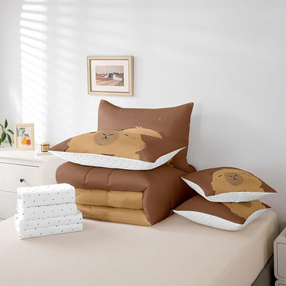 Erosebridal Cartoon Capybara 7 Piece Bedding Set Full Size,Zoo Animal Bed in a Bag,Farmhouse Rustic Bed Set Includes Comforter, Sheet Set, Pillowcases & Pillow Covers All Season Bedroom Decor