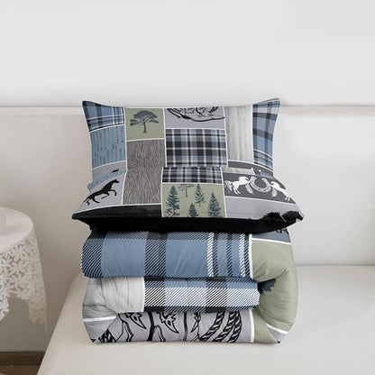 Erosebridal Rustic Farmhouse Comforter Set, Western Horse Bedding Queen for Kids Teens Adult, Farm Animal Horseshoe Quilt Western Decor for Home, Riding Boots Forest Grid Patchwork Duvet Sets, Blue