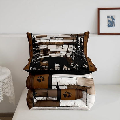 Feelyou Rustic Bear Bedding Set Wild Animals Hunt Comforter Set for Kids Boys Girls Brown Wooden Comforter Paw Print Quilt Set Bedroom Collection 2Pcs Toddler Size