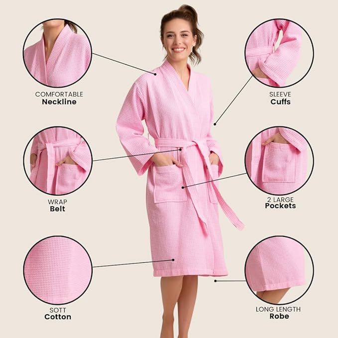 Luxurious Bathrobe for Women - Soft & Absorbent - Lightweigh & Comfort - Long & Kimono - Waffle & Cotton - Hotel/Spa Robe