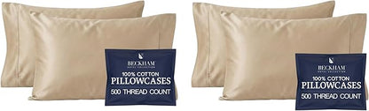 Beckham Hotel Collection Cotton Pillowcases Standard/Queen, 500TC, Sateen Finish, Open End, Breathable, Moisture-Wicking, Sand (Pack of 2)