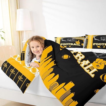 Feelyou Football Bedding Set Boys Girls King Size Women Men Rugby Sports Comforter Football City Duvet Quilt Black Yellow Room Decor