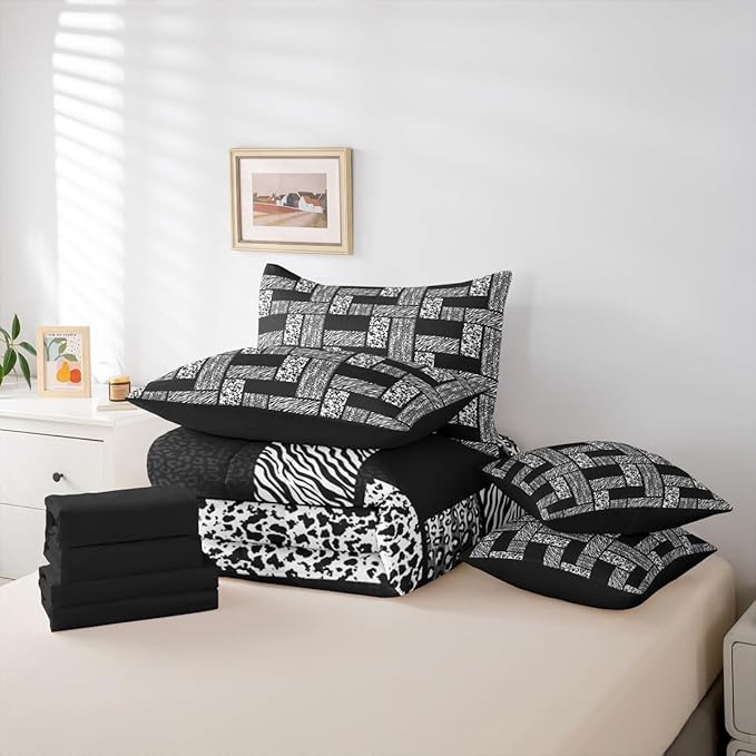 Wildlife Animals Fur Print Kids Comforter Set 7 Pcs,Leopard Cheetah Zebra Cow Skin Bed Set Twin,Black Grey Wildlife Bedding Sets,(1 Comforter,2 Pillowcase,2 Pillow Covers,1 Flat Sheet,1 Fitted Sheet)