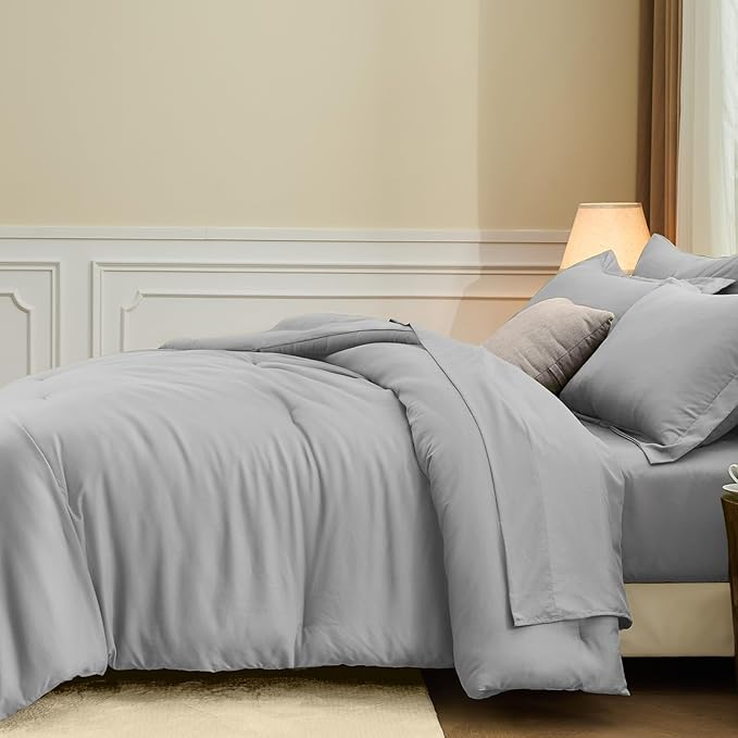 FUANNA Queen Comforter Set Light Grey, 7 Pieces Soft Bedding Sets Queen Size, All Season Lightweight Bed in a Bag with Comforter, Flat Sheet, Fitted Sheet, Pillowcases & Shams