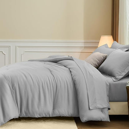 FUANNA Queen Comforter Set Light Grey, 7 Pieces Soft Bedding Sets Queen Size, All Season Lightweight Bed in a Bag with Comforter, Flat Sheet, Fitted Sheet, Pillowcases & Shams