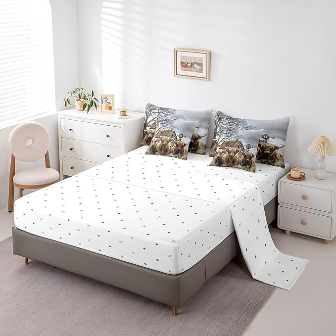 Erosebridal 7Pcs King Size Highland Cow Comforter Sets with Sheets Rustic Farmhouse Decor Bedding Bed-in-a-Bag(1 Comforter, 1 Flat Sheet 1 Fitted Sheet 2 Pillowcases and 2 Throw Pillow Covers)