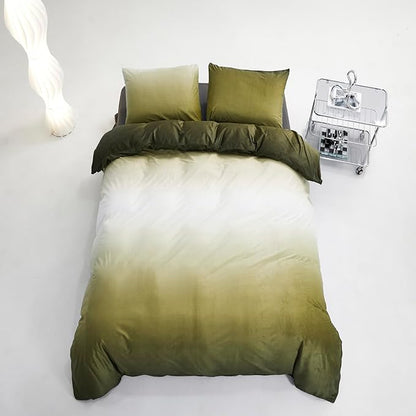 karever Green White Comforter Set Velvet California King Gradient Olive Green Bedding Comforter Women Plain White Army Green Gradient Soft Flannel Dark Green Comforter Warm Cal King Bed Comforter