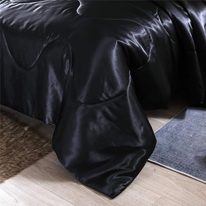 NTBED Silky Satin Comforter Set Queen Black, Soft Lightweight Microfiber Luxury Sexy Quilted Bedding Sets with 2 Matching Pillow Covers for Summer Spring Autumn