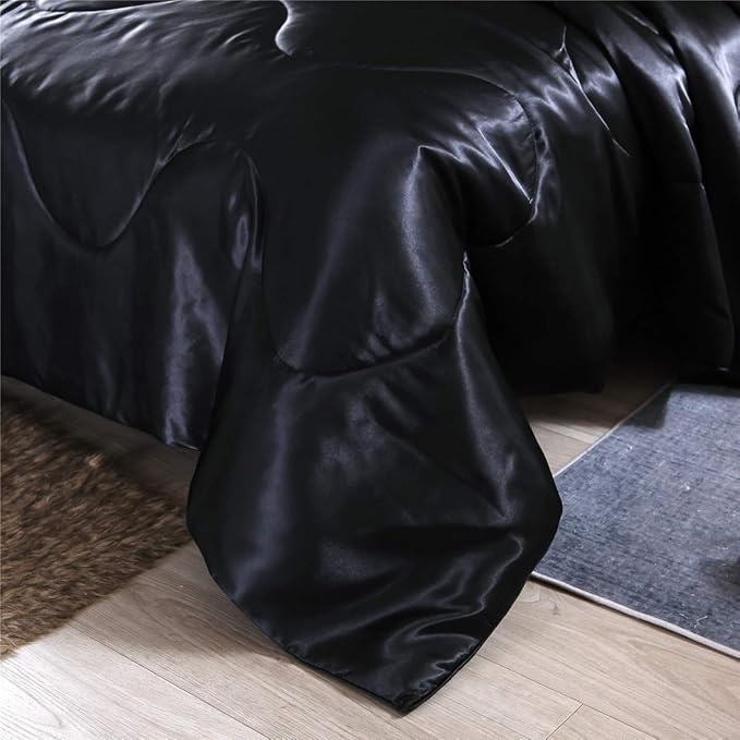 NTBED Silky Satin Comforter Set King Black, Soft Lightweight Microfiber Luxury Sexy Quilted Bedding Sets with 2 Matching Pillow Covers for Summer Spring Autumn